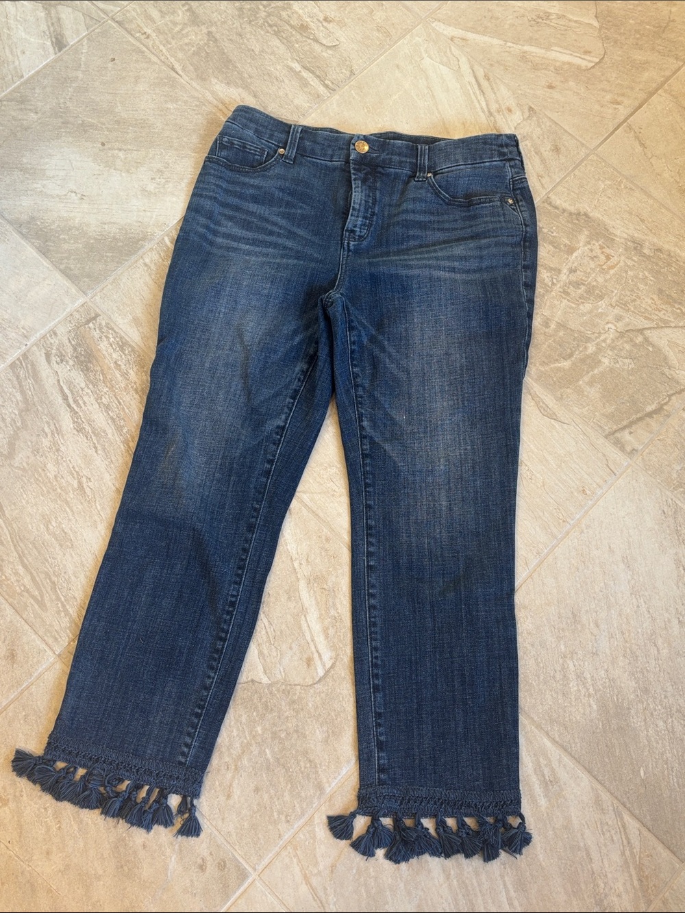 Chico's So Slimming Girlfriend Dark Blue Crop Jeans with Fringe Hem